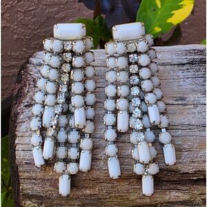 RARE WEISS Vintage 1950s Rhinestone & Milk Glass Waterfall Drop Clip on Earrings